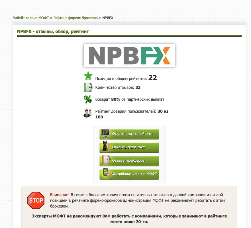 NPBFX в рейтинге форекс брокеров МОФТ